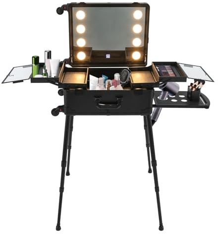Kosmetikkoffer Trolley Make Up Koffer Höhenverstellbar Mit Einem Spiegel, LED Leuchten Und Rädern Friseurkoffer Groß Tattoo Koffer Friseur Koffer Mobil,Für Friseure Und Kosmetikerinnen(Schwarz)