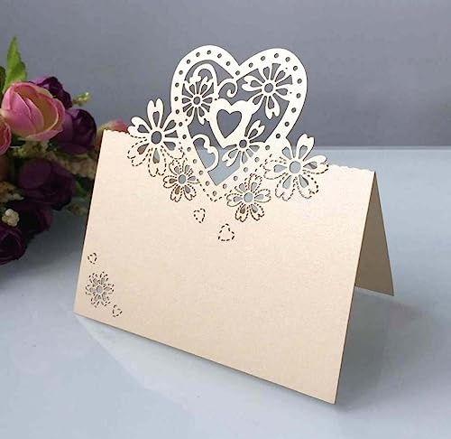 50 pezzi di segnaposto a forma di cuore con taglio laser, biglietti da tavolo in bianco, per matrimonio, compleanno, cresima, battesimo, festa, decorazione da tavolo, 9 x 12 cm, oro chiaro