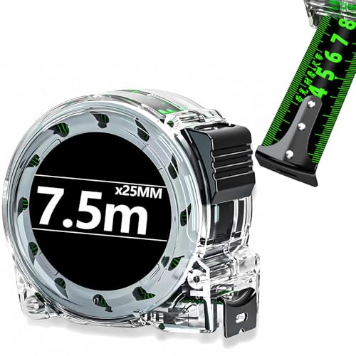 7.5 M Fluorescent Steel Tape Measure, Stainless Steel Retractable Measure Tape Double-Sided Scale Precision Measuring Tape Width 25mm Transparent