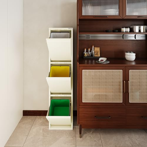 VEEHAUS Poubelle cuisine à rabats acier, 3 bacs, 15 L - 45 L, Creme Blanc | Joint anti-odeurs, Pose libre, prémonté, Usage intérieur, Ouverture manuelle par rabats, Bacs intérieurs amovibles