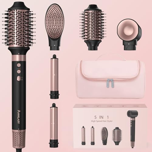 Annlary 5 in 1 Ionic Hot Air Styler, 1400W Powerful Hair Dryer Brush, Auto-Wrap Curlers, Paddle Brush for Fast Drying, Volumizing with Travel & Storage Bag