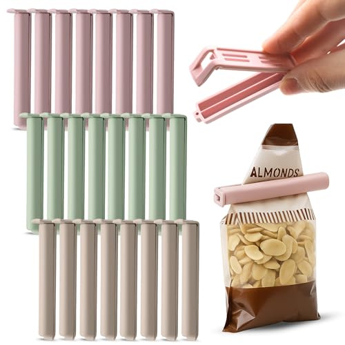 CHEFZOCO Pinzas para bolsas Alimentos, Pinzas Cierre Bolsas, Clip de Sellado Reutilizable para Cocina, clips de cierre para bolsas, Longitud 6.5 cm, Contiene pack de 24 pinzas, Colores pasteles
