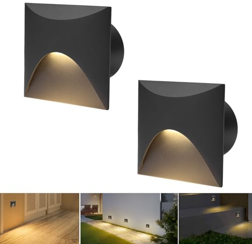 Arotelicht 2er 3W LED Treppenlicht Aluminium Warmweiß 3000K Treppenbeleuchtung IP44 Wasserdicht Wandleuchte 230V Eckig Wandeinbauleuchte Treppenleuchte Innen Außen Schwarz Stufenlicht, Unterputzdose