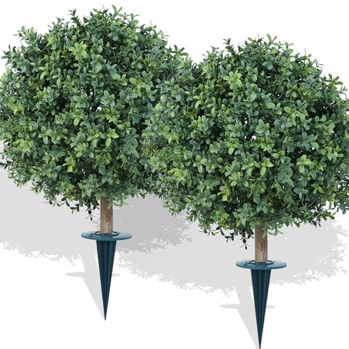 Tnouse 26 Artificial Boxwood Topiary Ball Tree with Ground Spike Set of 2, 2ft Faux Bushes Plant Fake Shrubs Greenery for Outdoor & Indoor Decor, Realistic Garden Sphere for Patio, Porch, Wedding