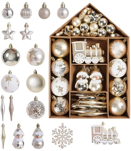 Set di 70 palline per albero di Natale, in plastica, decorazione natalizia, decorazione per albero di Natale, feste, matrimoni, feste (oro e bianco)