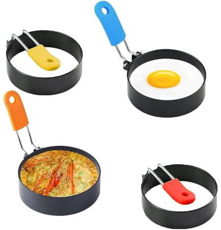4 Packs Egg Ring, Frying Stainless Steel Poacher, Egg Maker Anti-Scald Handle & Oil Non Stick Circles Coating for Egg Frying, Shaping, Pancakes, Mini Burger(Multicolors)