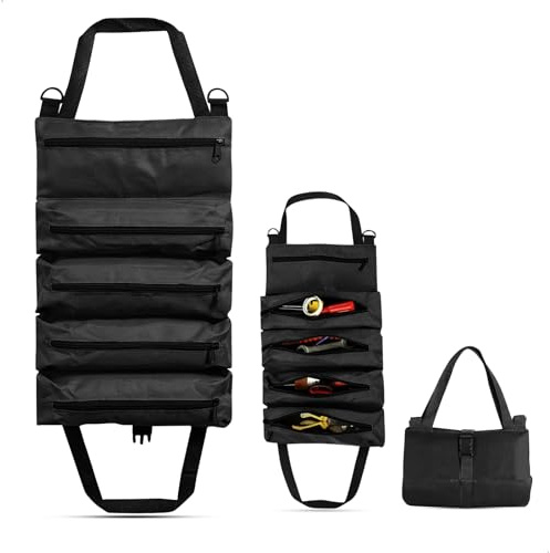 Werkzeugtasche Rollbar, Werkzeug Rolltasche Organizer, Werkzeugrolle aus Oxford Stoff, Rolltasche Werkzeug Kompakt für Handwerker, Tool Bag Schwarz