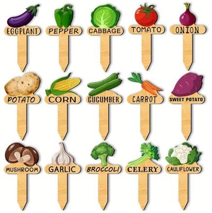Pack of 15 Natural Wood Plant Markers with Printed Veg Names for Indoor Outdoor Gardening Potted Vegetable Garden Identification