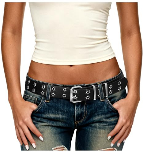 JasGood Damen Punk Gürtel,Y2K Doppelloch Gürtel mit Sternloch Goth Ledergürtel für Jeans Cosplay Hip Hop Rock