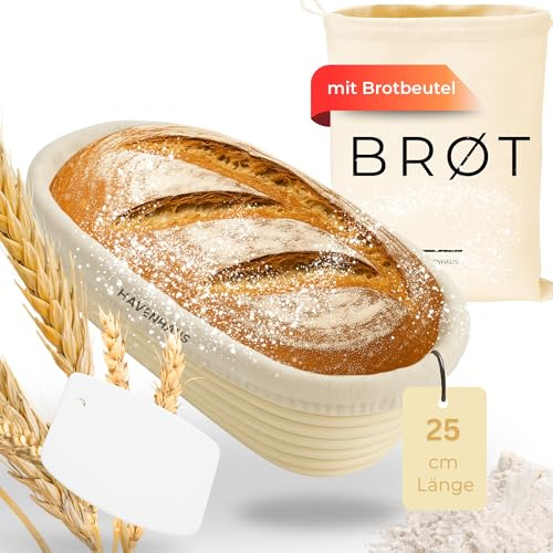 HAVENHAUS Gärkörbchen oval 25cm | Rattan Gärungskorb für 1kg Teig inkl. praktischem Zubehör | hochwertiger Gärkorb Brot aus Peddigrohr lebensmittelecht | Sauerteig Gärkorb Set | Brot backen Zubehör