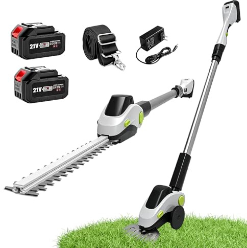 Tijera Cortacésped y Arreglasetos 2 en 1, Cortasetos Eléctrico con 2 Batería y Cargador, Tijeras para Césped con Mango Telescópico para Podar Césped, Arbustos y Setos