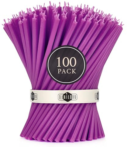 Danilovo - Candele in Cera d'Api, 100 Pezzi, Colore Viola, Candele Decorative per Preghiera, per Rituali, Decorazione o Candele di Compleanno, 16 cm x 0,5 cm