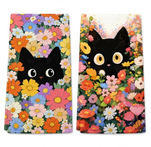 Aurelx 2er Set Schwarze Katze Geschirrhandtücher, Küchenhandtücher aus Mikrofaser, Trockentücher Küche mit Blumen Katzenmotiv, Katze Geschenk für Frauen Katzenliebhaber, 40x60cm