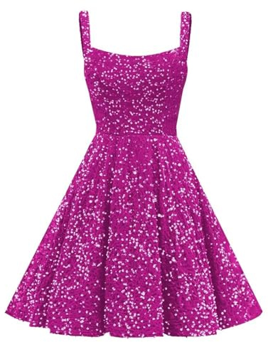 Vestidos cortos de regreso a casa para adolescentes, tirantes delgados, lentejuelas brillantes, vestido de invitada de boda con bolsillos KQW011, fucsia, 56 Grande