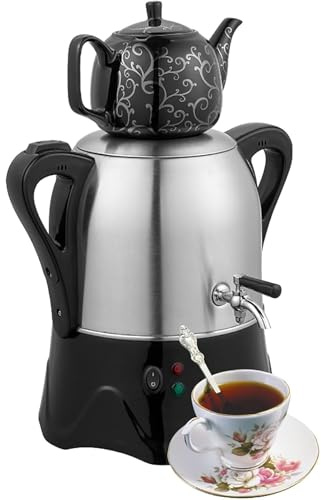 Elektrischer Türkischer Teebereiter, 3L Edelstahl Teekanne und 1L Keramik Teekanne, Samowar mit Warmhaltefunktion für Kaffee, Dufttee