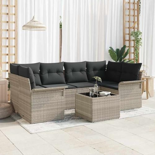 Modernes Gartensofa-Set 7-teilig aus Polyrattan hellgrau mit Polyesterkissen, modulare Eckbankgruppe Glastisch und Ablagefächern