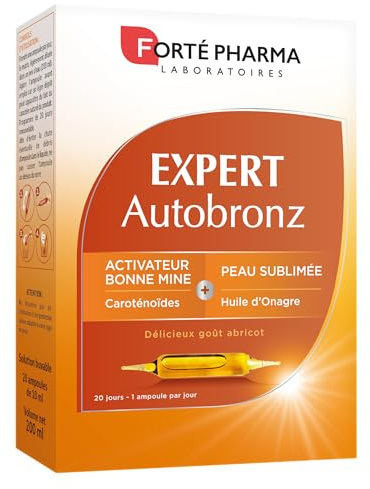 Forté Pharma - Expert AutoBronz ampoule - Complement alimentaire bronzage, Autobronzant a boire - Carotte, Beta carotene, Caroténoïdes, Huile d'Onagre - Effet Bonne Mine - 1/jour, 20 jours