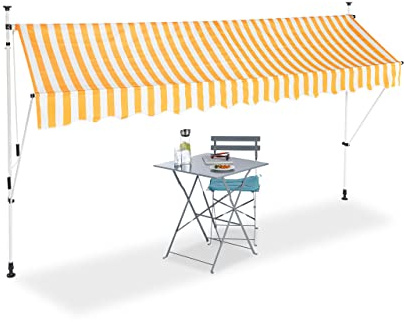 Relaxdays Auvent rétractable 350 cm Store Balcon Marquise Soleil terrasse Hauteur réglable sans perçage, Jaune-Blanc