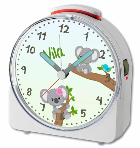 CreaDesign, WU-71-1081-01, Koala, analog Kinderwecker weiß, Funkwecker mit Sweep-Uhrwerk und fluoreszierenden Zeiger und Licht, personlisiert mit Namen, 10,2 x 4,6 x 11 cm