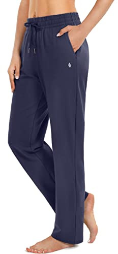 SANTINY Women's Cotton Sweatpants Yoga Lounge Casual Pants Open Bottom Sweat Pants for Women with Pockets (Navy_L)