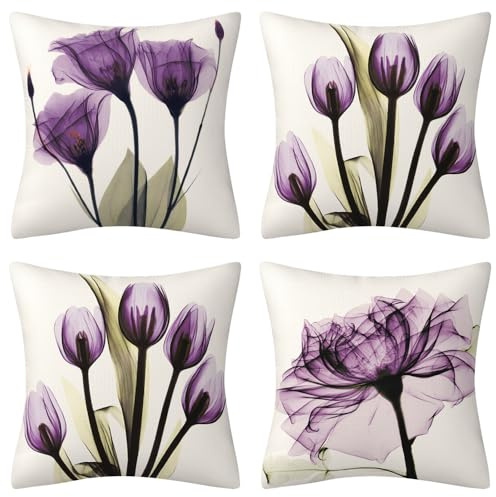 DILOXNSU Cushion Covers 45 x 45 cm Set of 4 Purple Flower Violet Art Modern Throw Pillow Covers 18x18 Inch Home Decorative Linen Square Pillowcases for for Sofa Livingroom Farmhouse