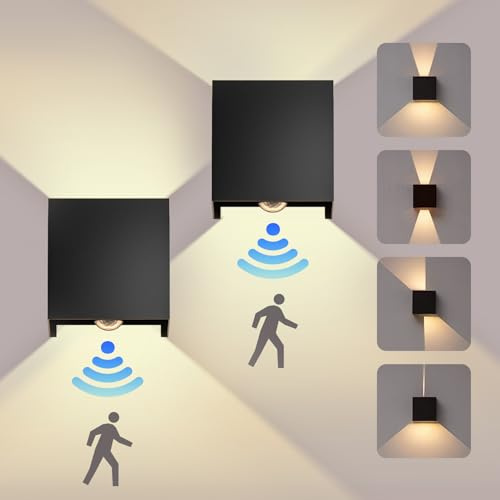 OTeedo Wandleuchte Aussen Mit Bewegungsmelder, 12W LED Aluminium Wandleuchte Innen/Aussen, Up Down Leuchten Einstellbar Abstrahlwinkel 3000K Warmweiß Wandbeleuchtung IP65 Schwarze Wandlampe 2 Stück