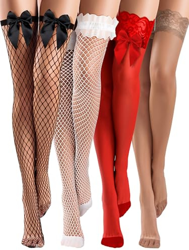 Bencailor 4 Calze Autoreggenti a Rete Velate a Coscia con Top in Pizzo Silicone(Nero, Bianco, Rosso e Caffè,M)