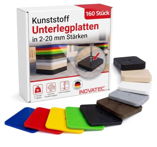 160 x INOVATEC Kunststoff Unterlegplatten 70 x 70 im Karton | Ausgleichsplatten 2-20mm | Extrem Stabil | Witterungsbeständig | Universal Abstandshalter | mit Verschraubungsloch