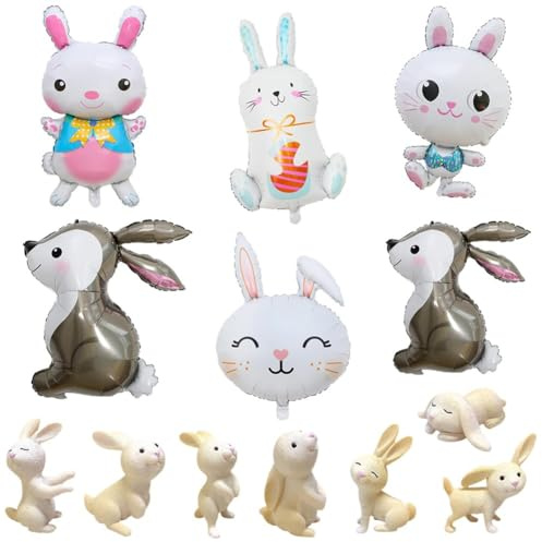 13 Pcs Bunny Balloons Decorations Set with Cute Rabbit Foil Balloons and Miniature Rabbit Ornaments Bunny Themed Balloon for Children Kids Girls Birthday Party Easter Decorations