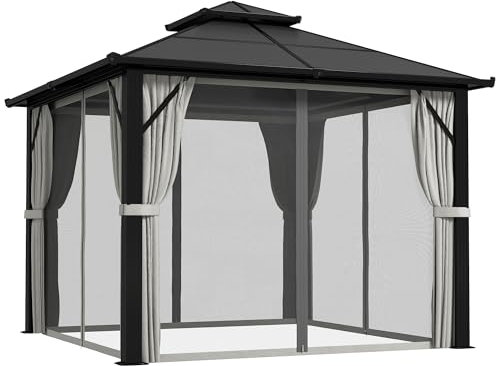 Outsunny 3 x 3(m) Hardtop Gazebo Canopy with UPF30+ Double Polycarbonate Roof, Aluminium Frame Garden Gazebo Permanent Pavilion with Mosquito Netting and Curtains for Patio, Deck, Grey