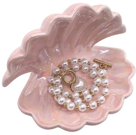 BOHK Muschel-Schmuckschale, Keramik, Muschel-Ringhalter, Schmucktablett, dekorativer Schmuckteller, niedlicher Schmuck-Organizer für Heimdekoration (Muschelrosa)