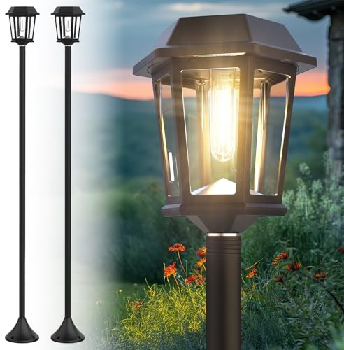 DOESLAG 2 Pack Solar Lamp Post Lights Outdoor, 63 Solar Pole Lights for Outside,3000K Warm White Dusk to Dawn Waterproof Floor Lamps for Patio, Yard, Pathway, Driveway