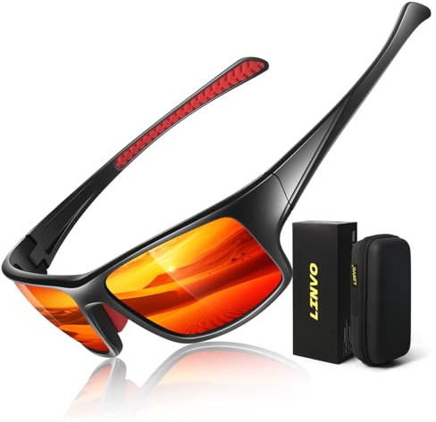 LINVO polariserade sportsolglasögon för män, tjocka fyrkantiga vira runt 100% UV400-skyddssolglasögon för körning, fiske, A03 svart orange röd, Medium