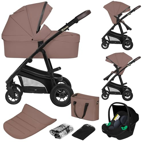 LIONELO Bianka 3‑i‑1 Barnvagn Resesystem med Gondol och Babyskydd, Vändbar och Hopfällbar, Pompade 360° Hjul, Justerbart Handtag, UPF50+ Solskydd, för Nyfödda upp till 22 kg, Beige Taupe
