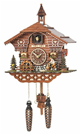 Trenkle Quarz Kuckucksuhr Schwarzwaldhaus mit beweglichem Holzhacker und Mühlrad, mit Musik TU 4217 QM