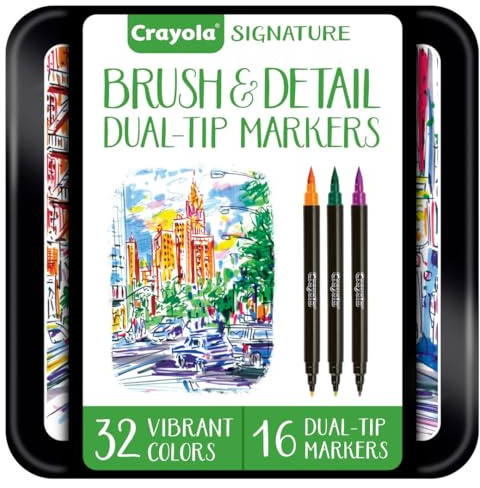 Crayola Brush & Detail Dual Tip Marker Set, 16 Markers, 32 Colors, Adult Coloring Markers, Gifts for Teens & Adults