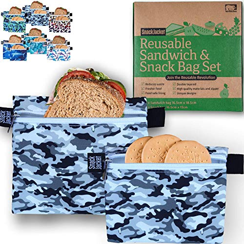 Reusable Sandwich & Snack Bags - by SnackJacket | Set of 2 | Eco Friendly Lunch Bags | 1 Tree Planted | Zero Waste Alternative to Plastic, Cling Film and Tin Foil. (Camouflage)