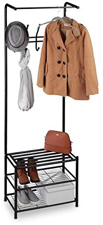 Relaxdays Garderobenständer mit Schuhablage, freistehend, Flur Standgarderobe, Metall, HxBxT: 183 x 61 x 34 cm, schwarz