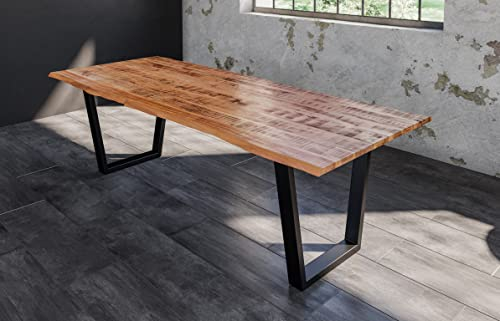 SAM Esstisch Dora 220 x 100 cm, Mangoholz massiv, lackiert & naturfarben, Baumkantentisch mit V-Metallgestell in Mattschwarz, echte Baumkante, 26 mm
