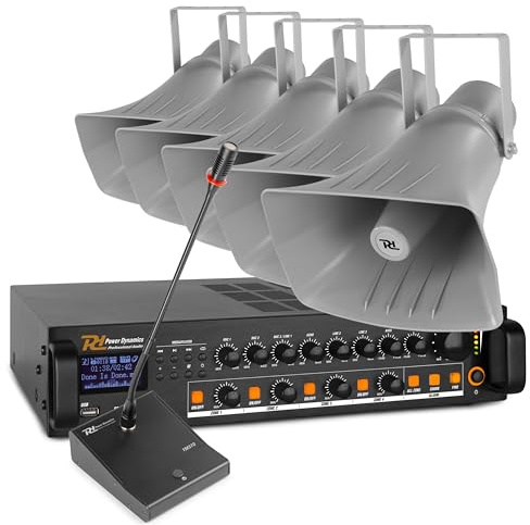 Power Dynamics Sistema de Megafonía 200W - 100V, 5 Altavoces de Bocina, Amplificador Bluetooth y MP3, 4 Zonas, Micrófono de Mesa con LED, Cable 200m - Ideal para Campos Deportivos y Eventos
