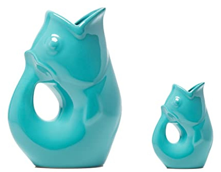 Gurgle Pot Fischkrug – Set mit 2 Stück, französisch inspiriertes Design, großer Krug 1,2 l mit passendem Sahnekännchen, Aqua, das perfekte Geschirr für den Innen- oder Außenbereich, 107 ml und 90 ml