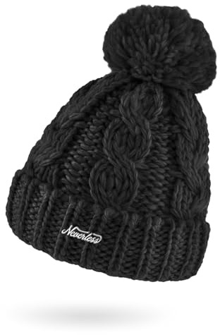 Neverless® Damen Mütze Grobstrick Strick-Bommel Pudelmütze Zopfstrickmuster Wintermütze Umschlag