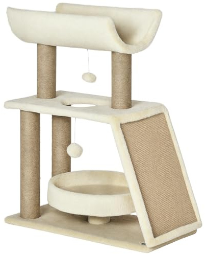 PawHut Arbre à Chats Design Cosy Chic Multi-équipements Centre d'activités griffoirs grattoir Plateformes lit Jeu Boule Suspendue en Bois et Peluche Courte sisal 60 x 30 x 76 cm Brun Clair