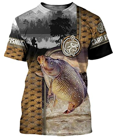 Herren-T-Shirt mit 3D-Druck, Uni, Karpfen, Tiere, Fischer, Fischer, kurzärmelig, E-23, L