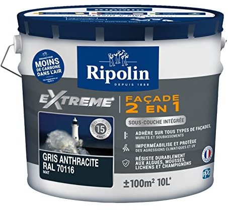 RIPOLIN - Peinture Façade 2en1 Extérieur - Sous-couche intégrée - Très forte adhérence - Protection contre micro-organismes - Extrême résistance UV/Intempéries - Mat - 10L - Gris Anthracite RAL 7016