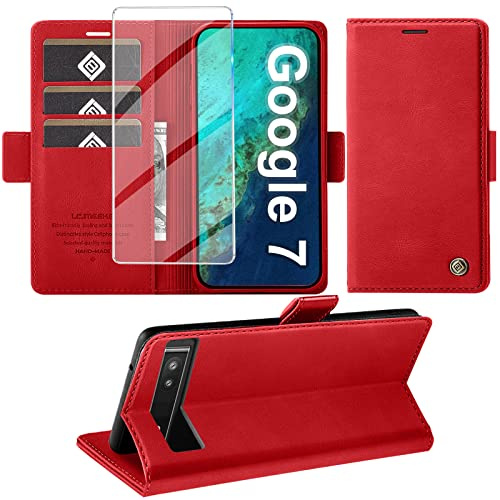 Giyer Handyhülle für Google Pixel 7 Hülle mit Schutzfolie, Standfunktion Kartenfach Wallet Premium Leder Schutzhülle Pixel 7 5G Flip Case Cover Stoßfeste Klapphülle (rot)