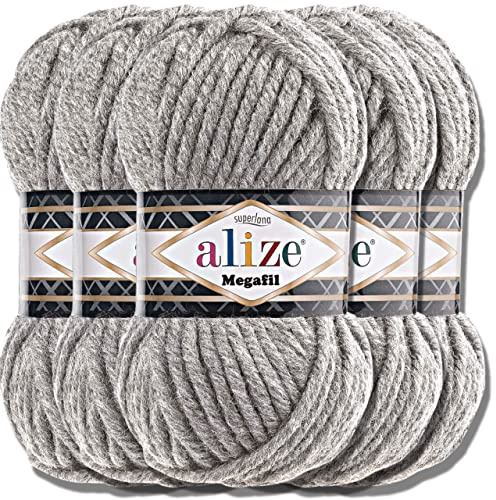 Alize 5x 100g Superlana Megafil Türkische Wolle Super Bulky Chenillegarn Babywolle Handstrickgarn häkeln weiches Chenille-Garn XXL-Knäuel für Amigurumi Yarn Garn (Grey Melange | 21)