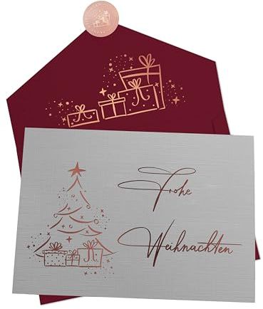 Joli Coon 10 Premium Weihnachtskarten, mit Kuvert, 17 x 11,5 cm | 350g strukturiertes Designerpapier, Roségoldveredelung, rotes Kuvert, Siegelsticker, für persönliche Weihnachtsgrüße