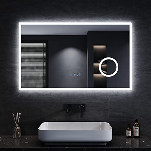 SONNI LED-badrumsspegel 100 x 60 cm, badrumsspegel med belysning, 3 justerbara ljusfärger, väggspegel med touch-knapp, klocka, temperatur, 3-vägs förstoring