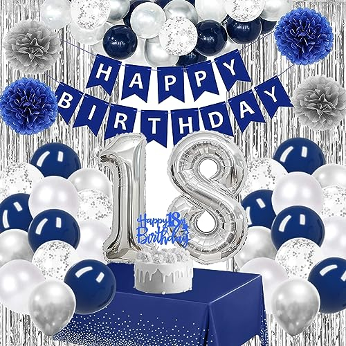 Deko 18. Geburtstag Junge,Navy Blau Deko 18 Geburtstag Männer, Blau Silber Happy Birthday Girlande Konfetti Luftballons Banner Tischdecke Silber Lametta Vorhänge für Geburtstagsdeko Party Supplies